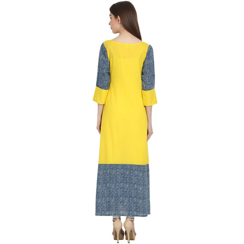 Yellow & blue 3/4 sleeve cotton long kurta