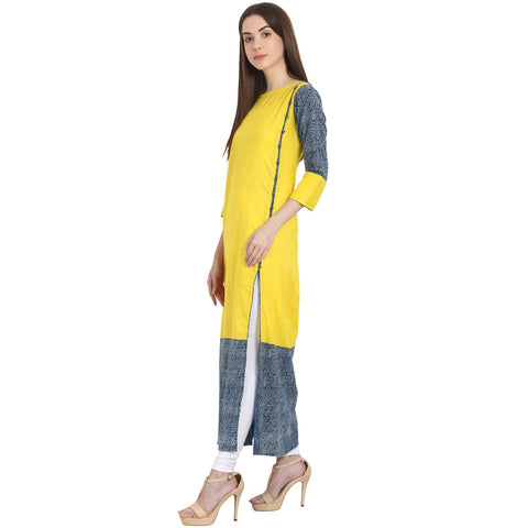 Yellow & blue 3/4 sleeve cotton long kurta