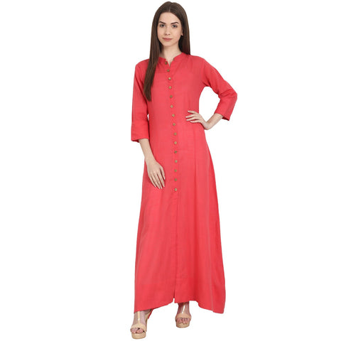 Nayo Women Solid Coral Three-Quarter Sleeves Mandarin Collar Cotton Straight Kurta