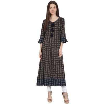 Nayo Women Printed Coffee Brown Three-Quarter Sleeves V-Neck Cotton A-Line Kurta