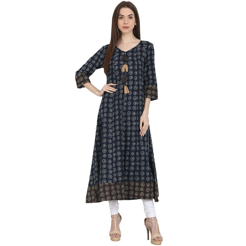 Nayo Women Printed Blue Three-Quarter Sleeves V-Neck Cotton A-Line Kurta