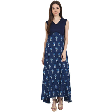 Nayo Women Printed Blue Sleeveless V-Neck Cotton A-Line Kurta