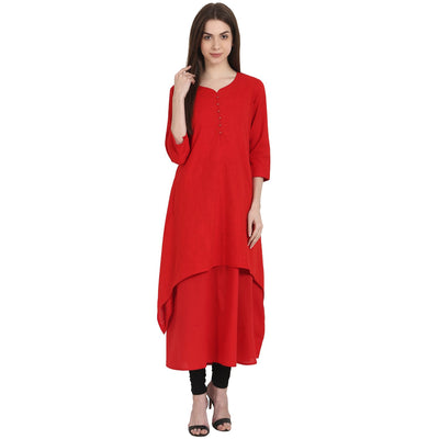Red 3/4 sleeve cotton slub kurta
