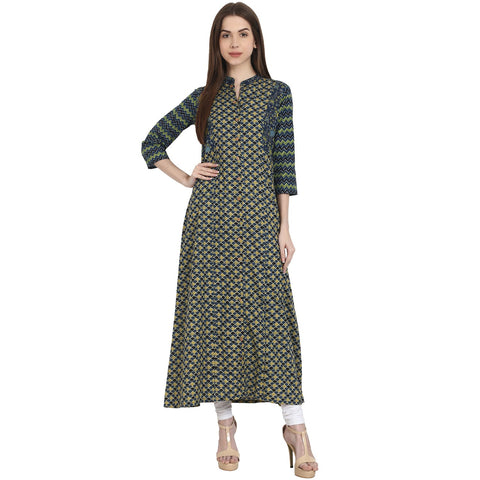 Nayo Women Printed Yellow Three-Quarter Sleeves Mandarin Collar Cotton A-Line Kurta