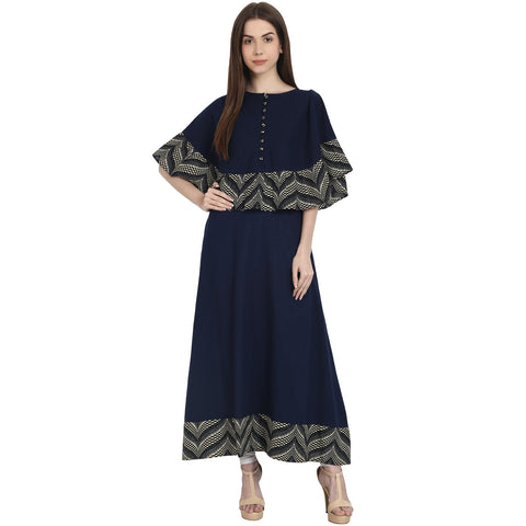 Navy Blue cotton slub A-line floor length kurta