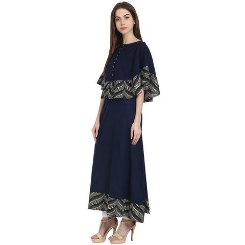 Navy Blue cotton slub A-line floor length kurta