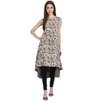 Nayo Women Printed Beige Sleeveless Round Neck Cotton A-Line Kurta