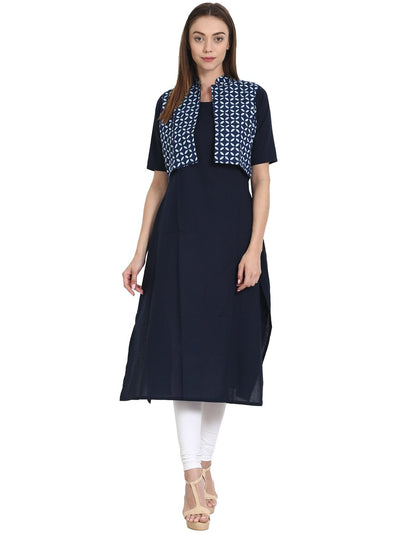Nayo Navy Blue Sleevless Kurta with printed half sleeve jacket
