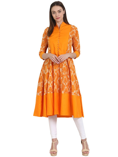 Nayo Women Yellow printed 3/4 sleeve cotton Anarkali Kurta