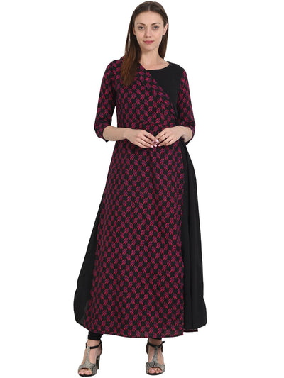 Nayo Women Printed Black Three-Quarter Sleeves Round Neck Cotton A-Line Kurta