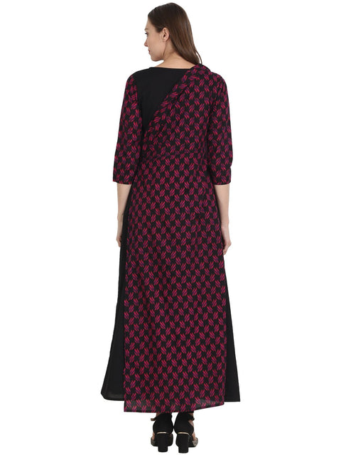 Nayo Women Printed Black Three-Quarter Sleeves Round Neck Cotton A-Line Kurta