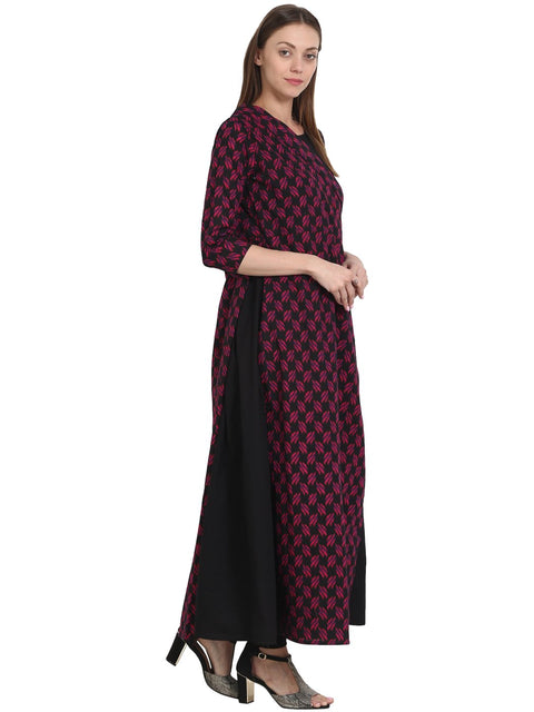 Nayo Women Printed Black Three-Quarter Sleeves Round Neck Cotton A-Line Kurta