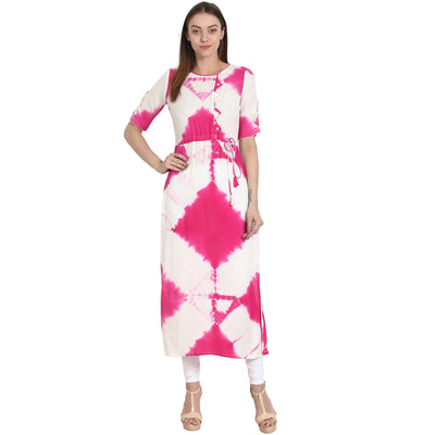Nayo White & Pink half sleeve rayon tie die kurta