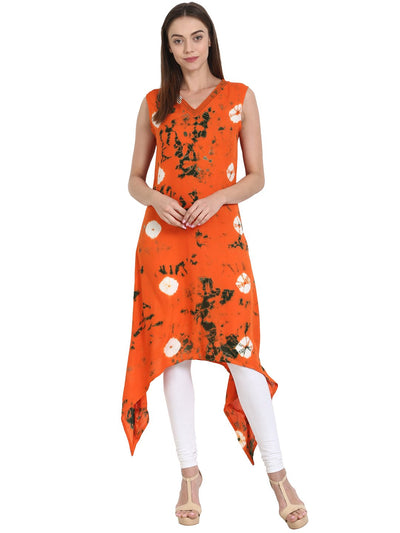 Nayo Women orange printed sleeveless rayon assymetric kurta