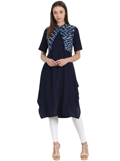 Nayo Blue Sleevless Rayon Kurta with printed Cotton half sleeve jacket