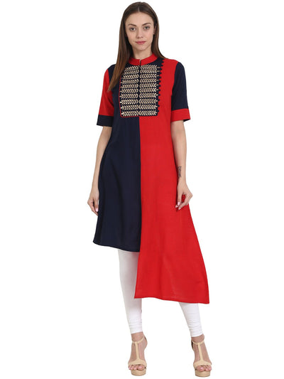 Nayo Red & Blue half sleeve cotton & Rayon kurta with embroidery work at yoke