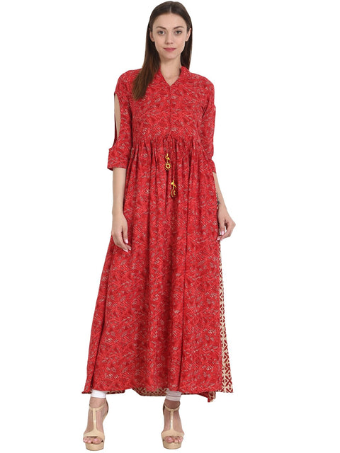 Nayo Red printed 3/4 sleeve cotton anarkali kurta