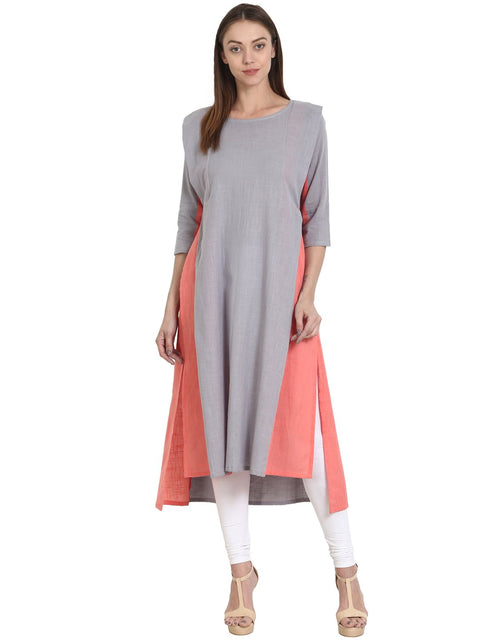 Nayo Grey & Peach 3/4 sleeve cotton slub low high kurta