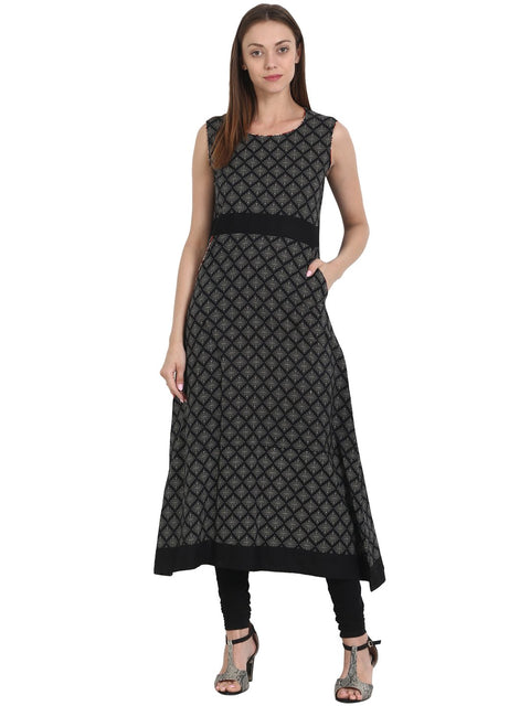 Nayo Women Black printed sleevless A-line cotton kurta with side pocket