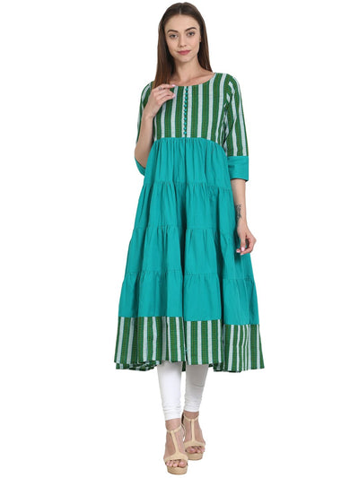 Nayo Blue & Green printed 3/4 sleeve cotton tiered anarkali kurta