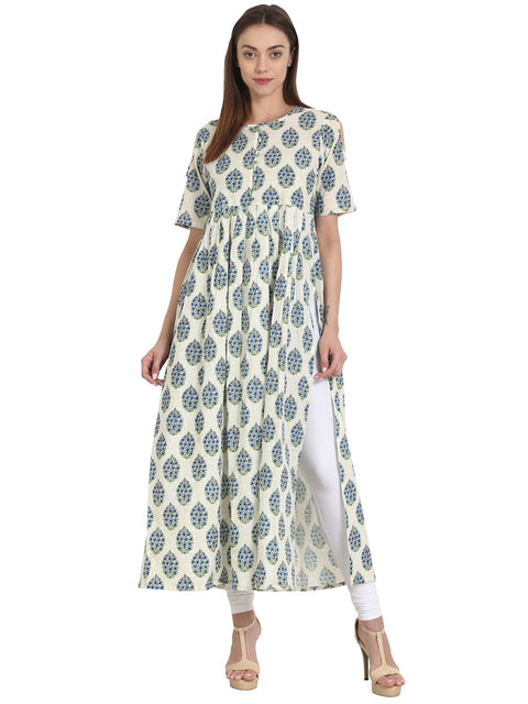 Nayo Blue & off white printed half sleeve flared cotton kurta