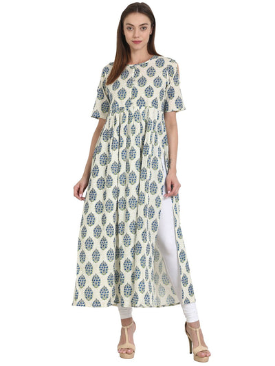 Nayo Women Blue & off white printed half sleeve flared cotton kurta