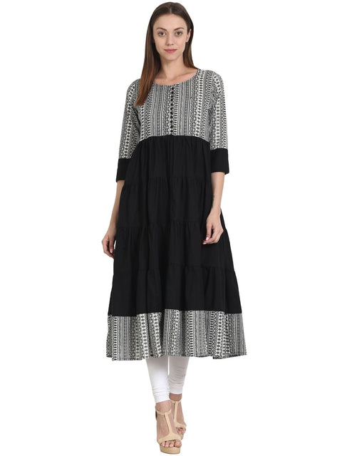 Nayo Black & grey printed 3/4 sleeve cotton tiered anarkali kurta