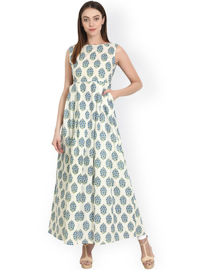 Nayo white printed sleevless cotton A-line kurta with side pocket