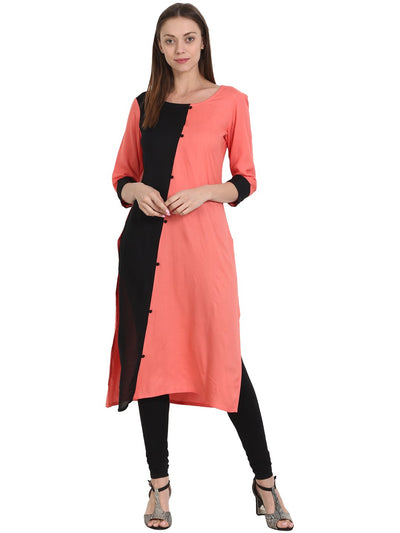 Nayo Peach & Black 3/4 sleeve rayon kurta