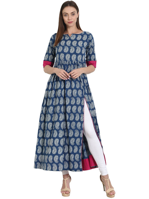 Nayo Women Blue printed 3/4 sleeve cotton Anarkali kurta