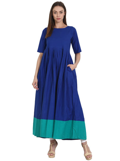 Nayo Blue half sleeve cotton long flared kurta