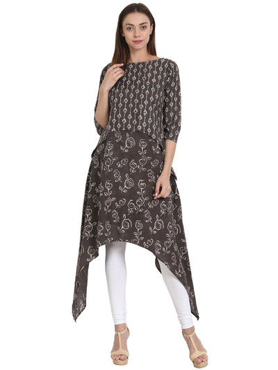 Nayo Women Coffee printed 3/4 sleeve cotton assymetric kurta