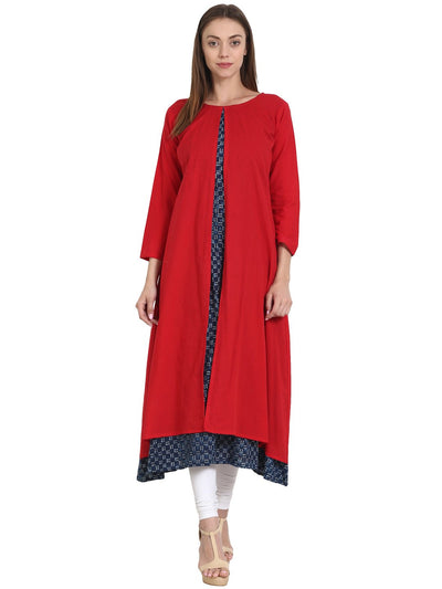 Nayo Blue printed 3/4 Sleev A-line cotton kurta with solid red upper layer