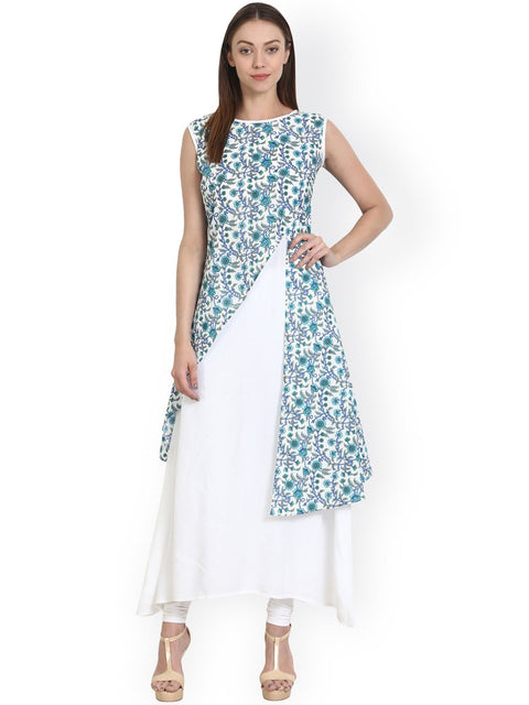 Nayo White sleevless A-line kurta with blue printed layer