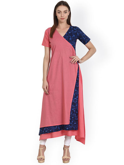 Nayo Peach & blue printed half sleeve cotton A-line kurta with triple layer impression