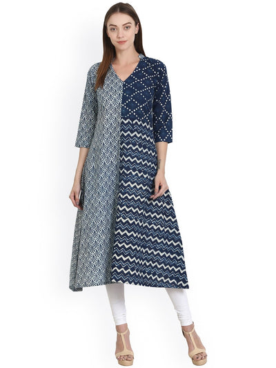 Nayo Blue printed 3/4 sleeve A-line cotton kurta'