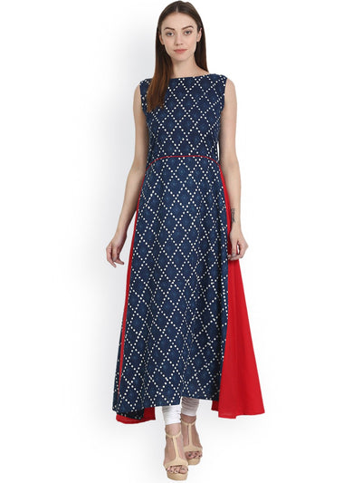 Nayo Blue printed sleevless long A-line  cotton kurta