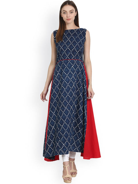 Nayo Blue printed sleevless long A-line  cotton kurta