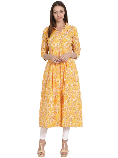 Nayo Women Yellow printed 3/4 sleeve cotton Anarkali Kurta