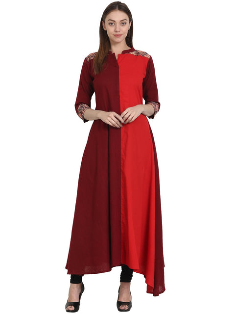 Nayo Red & Maroon 3/4 sleeve cotton Slub flared kurta