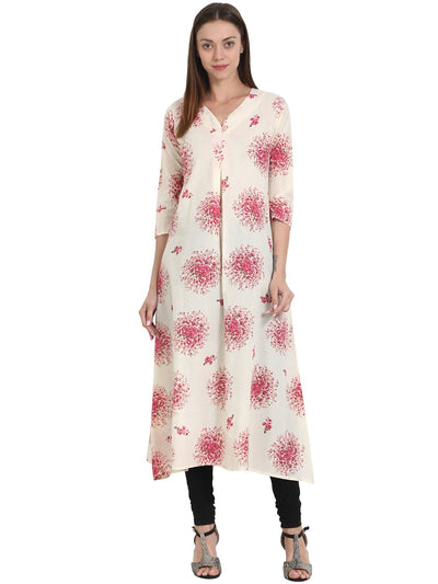 Nayo Women Pink & Off white printed 3/4 sleeve cotton kurta