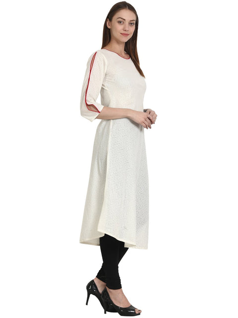 Nayo Women Solid White Three-Quarter Sleeves Round Neck Cotton A-Line Kurta