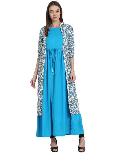 Nayo Blue sleevless cotton Anarkali kurta with with blue printed 3/4 sleeve upper layered open kurta