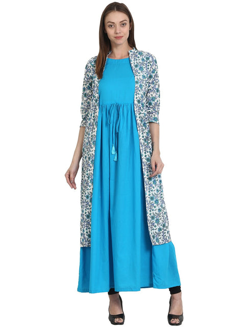 Nayo Women Blue sleevless cotton Anarkali kurta with with blue printed 3/4 sleeve upper layered open kurta