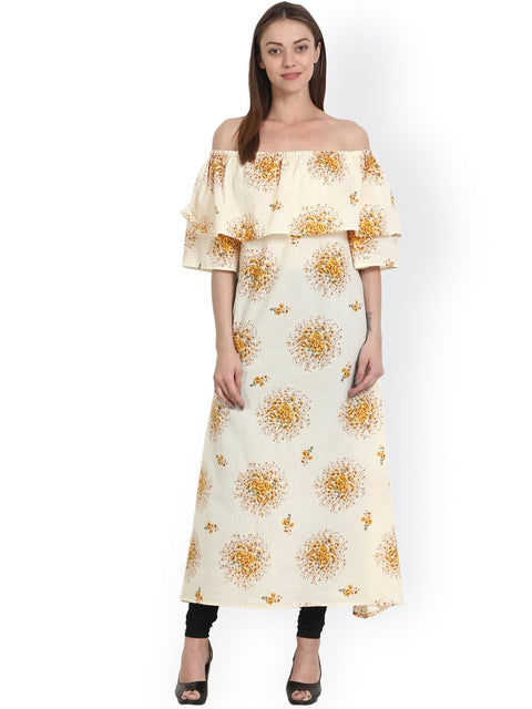 Nayo Yellow & Off white printed cowl neck cotton kurta