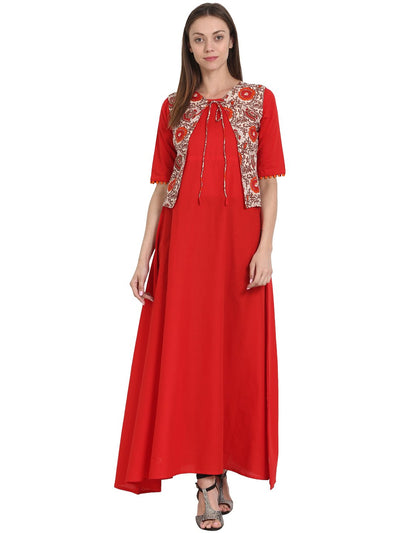 Nayo Red half sleeve cotton Anarkali long kurta with sleevless printed jacket