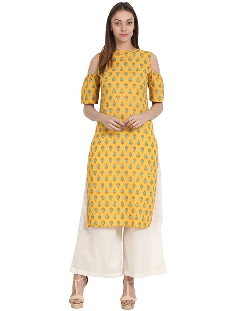 Nayo Yellow printed half sleeve cotton off shoulder kurta