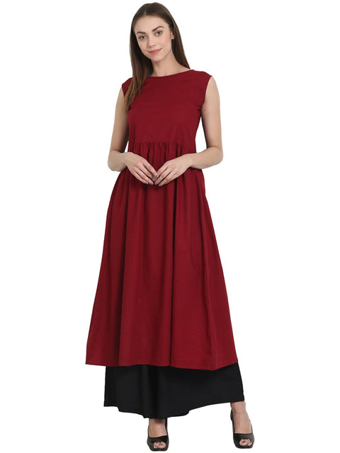 Nayo Maroon sleevless cotton A-line kurta