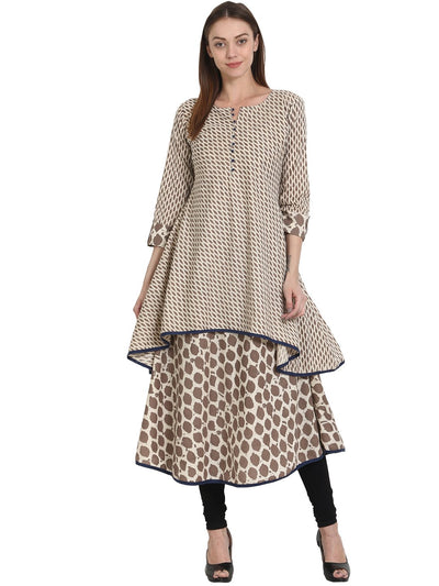 Nayo Women Printed Beige Three-Quarter Sleeves Round Neck Cotton A-Line Kurta