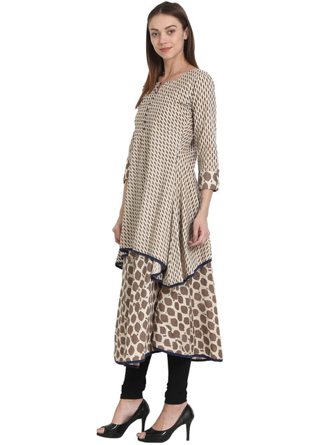 Nayo Women Printed Beige Three-Quarter Sleeves Round Neck Cotton A-Line Kurta